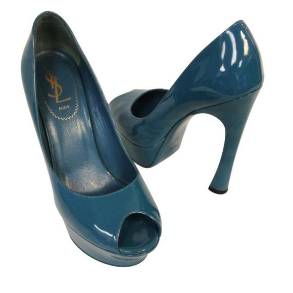 Yves Saint Laurent Palais Patent Leather Peep Toe Heels Teal Blue Size 36.5 - Picture 3 of 15
